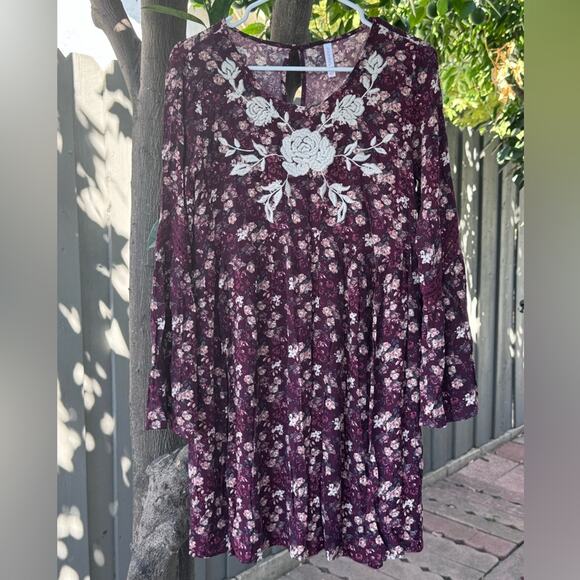Xhilaration Burgundy Floral Embroidered Boho Dress – Size M - Picture 1 of 6